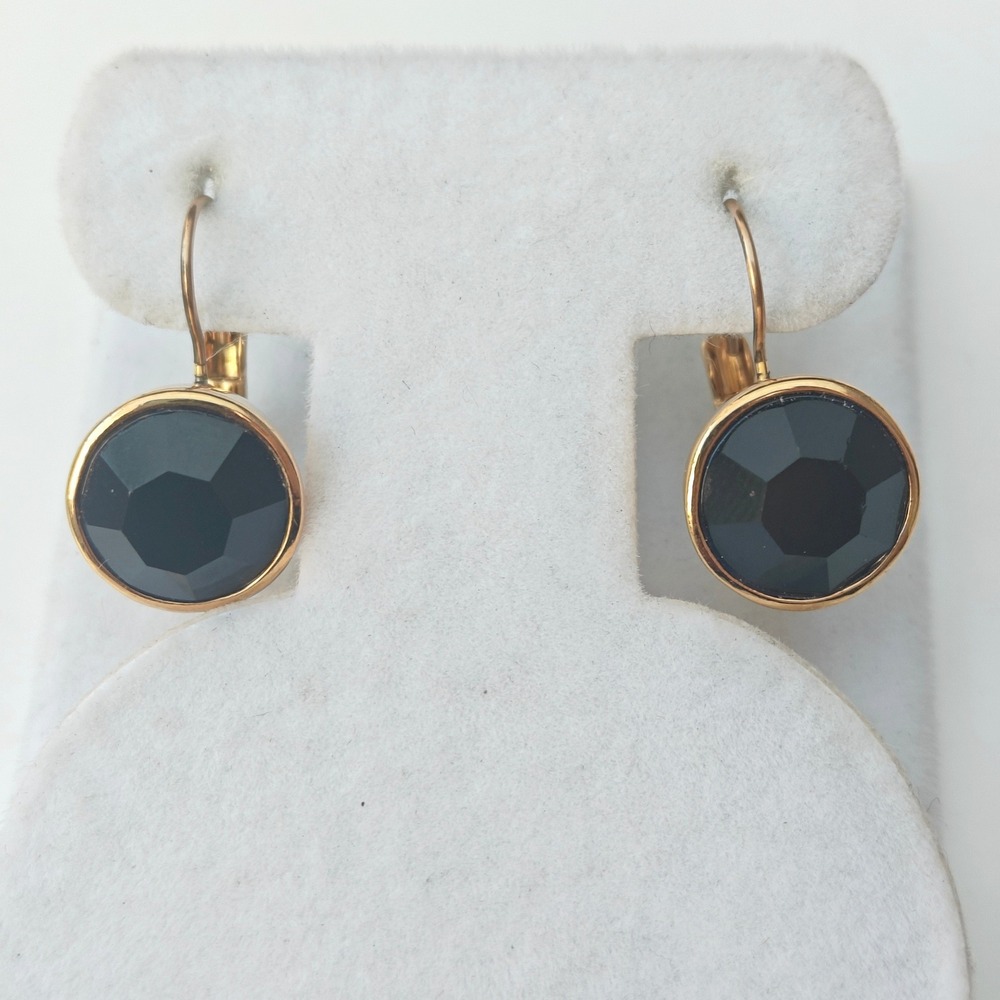 Gold Tone Black Faceted Round Crystal Round Leverback Drop Dangle Earrings
